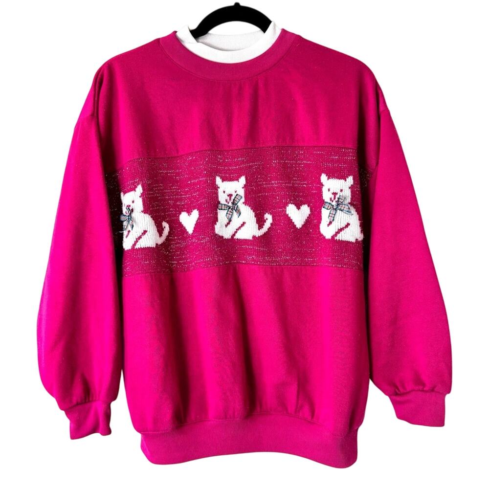 Vintage 90s Pink Mock Neck Cat Sweater Size Large